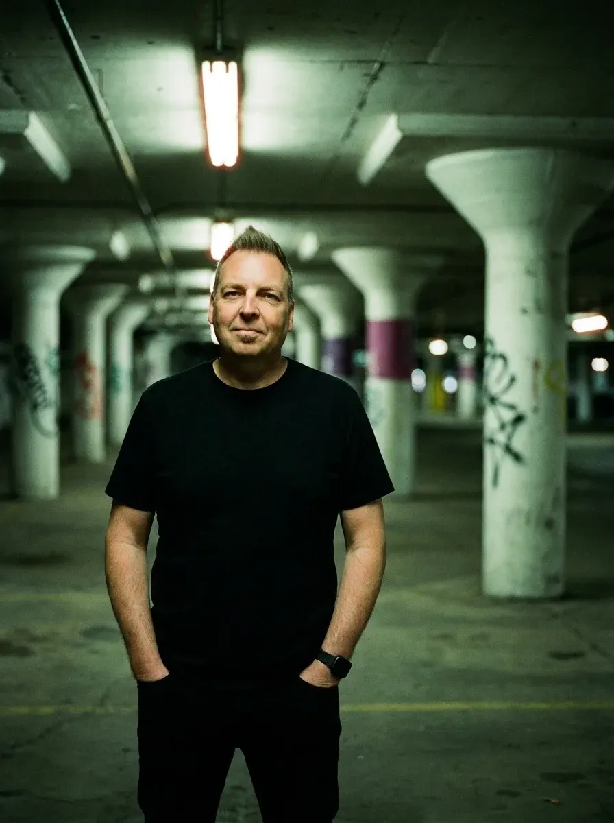 Serge Jespers in a concrete parking garage, hands in his pockets